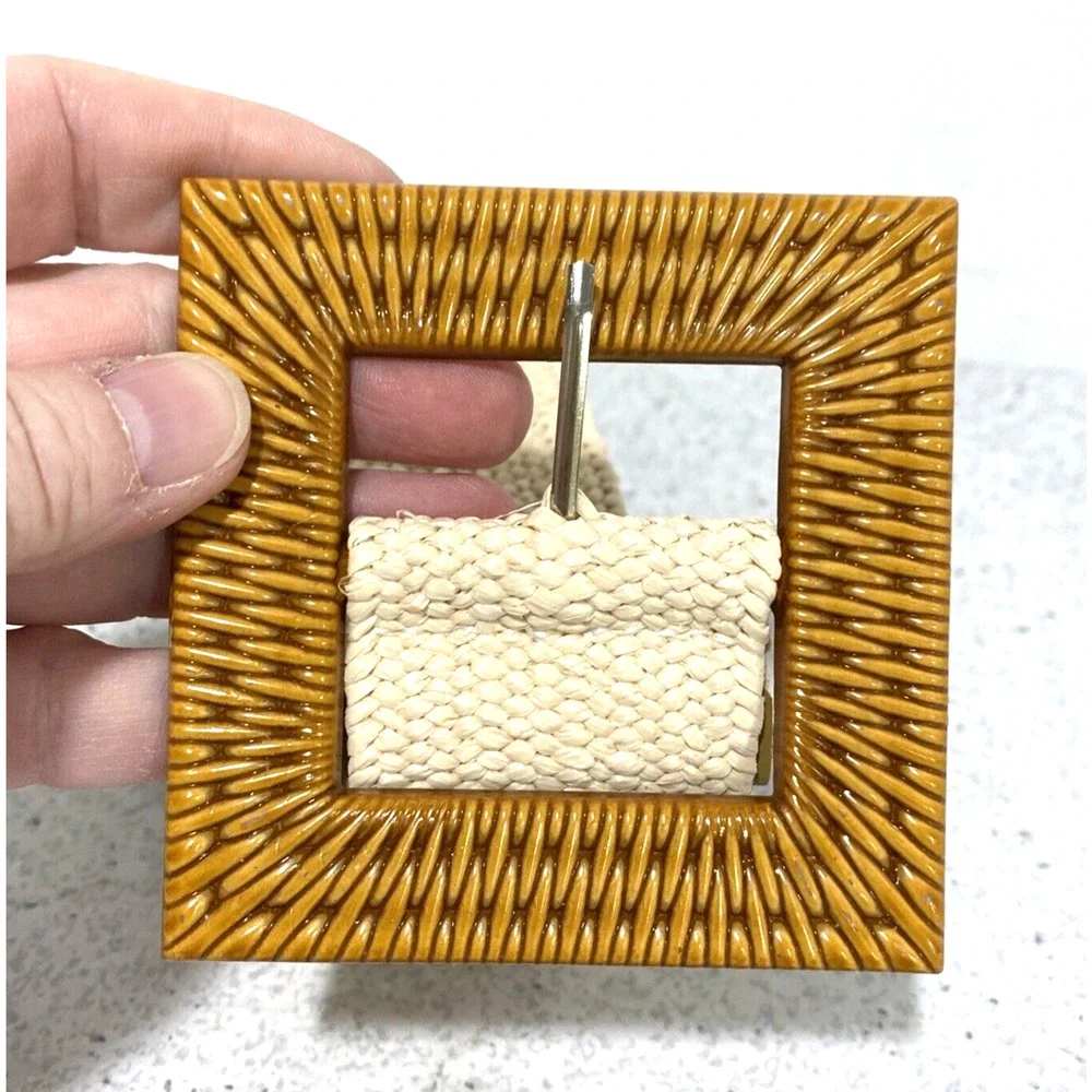 Natural Straw Color Stretch Belt With Faux Wood Wicker Buckle One Size Fits Most